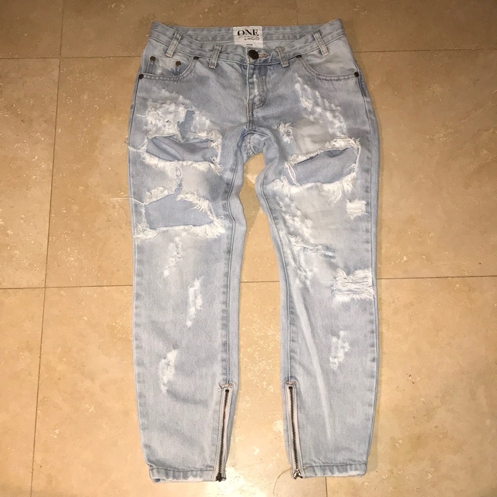 One Teaspoon Light Blue Distressed Skinny Jeans with Ankle Zips